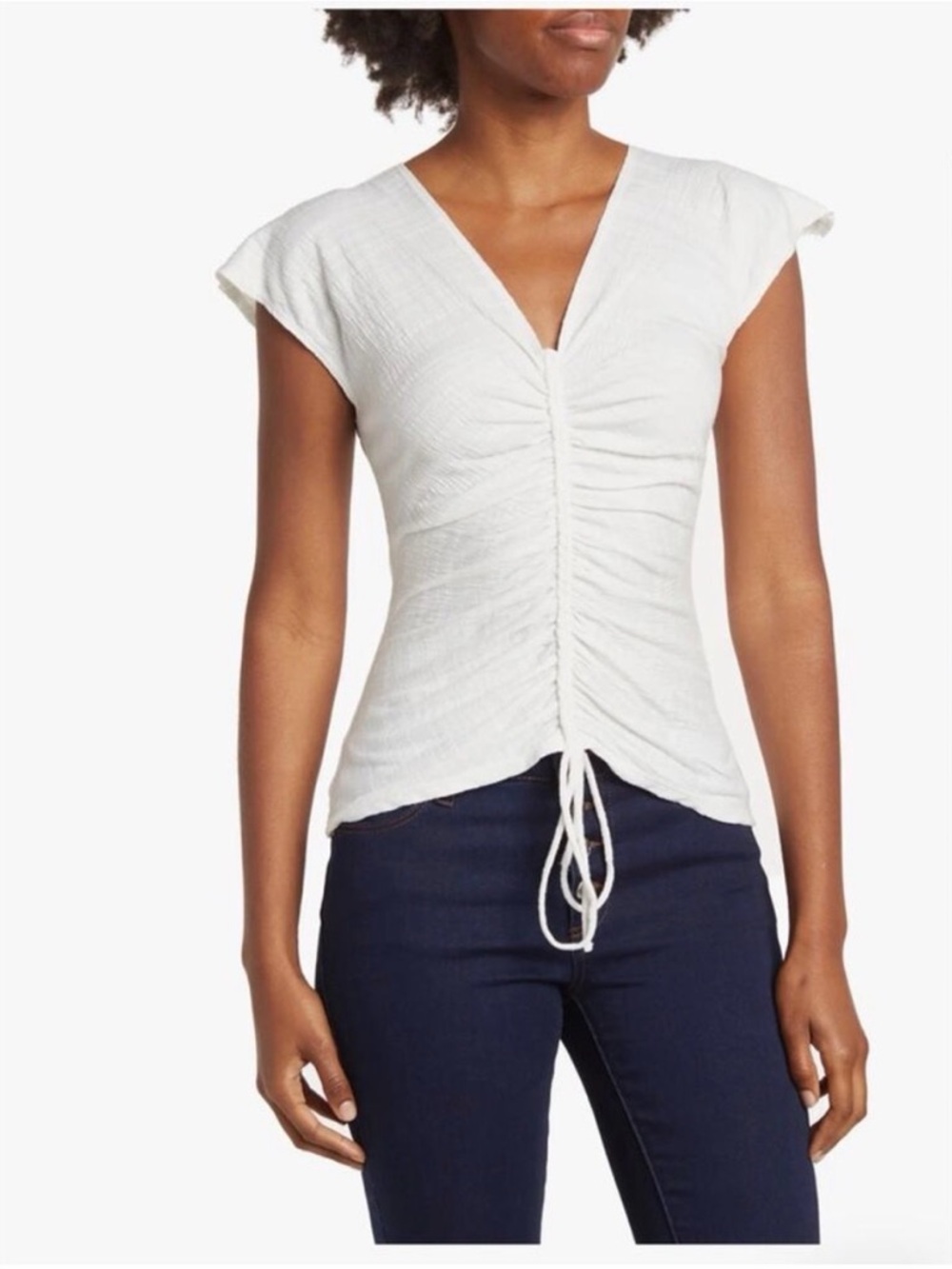 Max Studio White Ruched V-Neck Top
